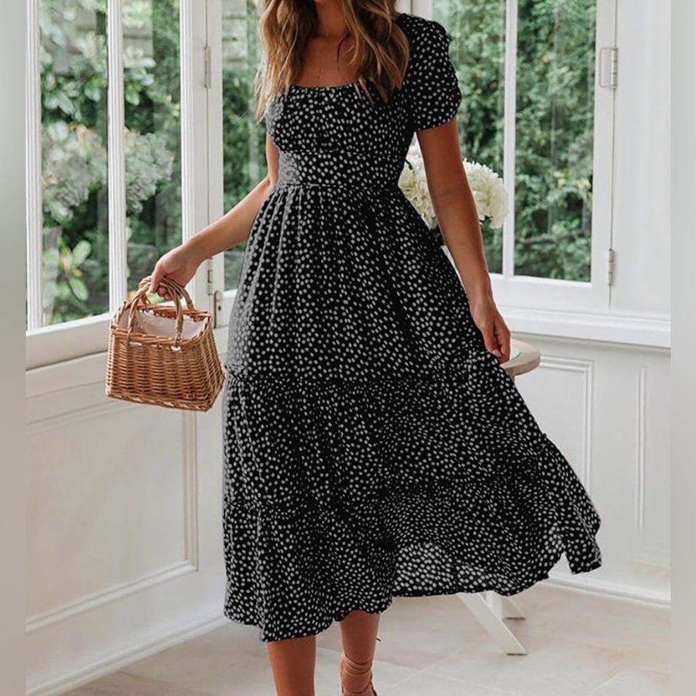 Roll Up Black Floral Daisy Print Square Neck Smocked Tiered Midi Dress XL